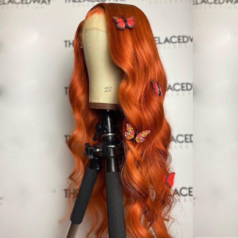 Средняя часть имбирный оранжевый тело волна кружева передний парик Синтетический для черных женщин предварительно выщипанные 26 дюймов дли...