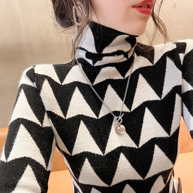 Fashion 2021 Winter Thick Warm Sweaters Turtleneck Skinny Pullovers Jumper Female Knitted Tops Argyle Office Ladies Clothing
