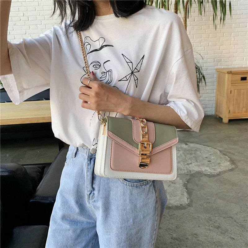 Bolsa de ombro com painéis de corrente feminina, bolsa de ombro com alça larga de couro pu, fashion, feminina, 2021