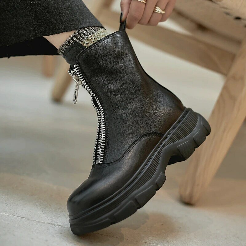 INS HOT Women ankle boots cowhide upper shoes autumn and winter ladies boots Vintage front zipper short plush warm snow boots