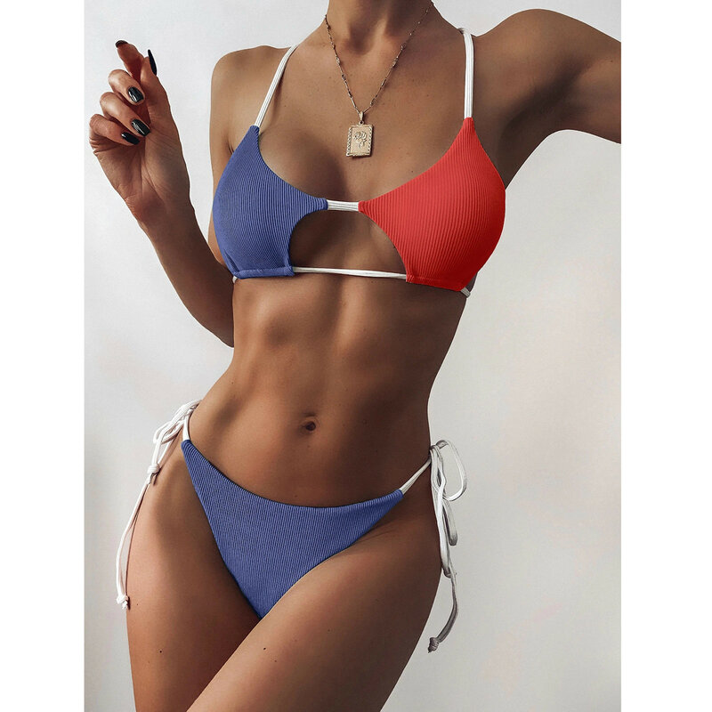 Bikini De dos colores con cuello Halter para mujer, traje De baño De dos piezas con sujetador De cintura alta, en contraste, 2021