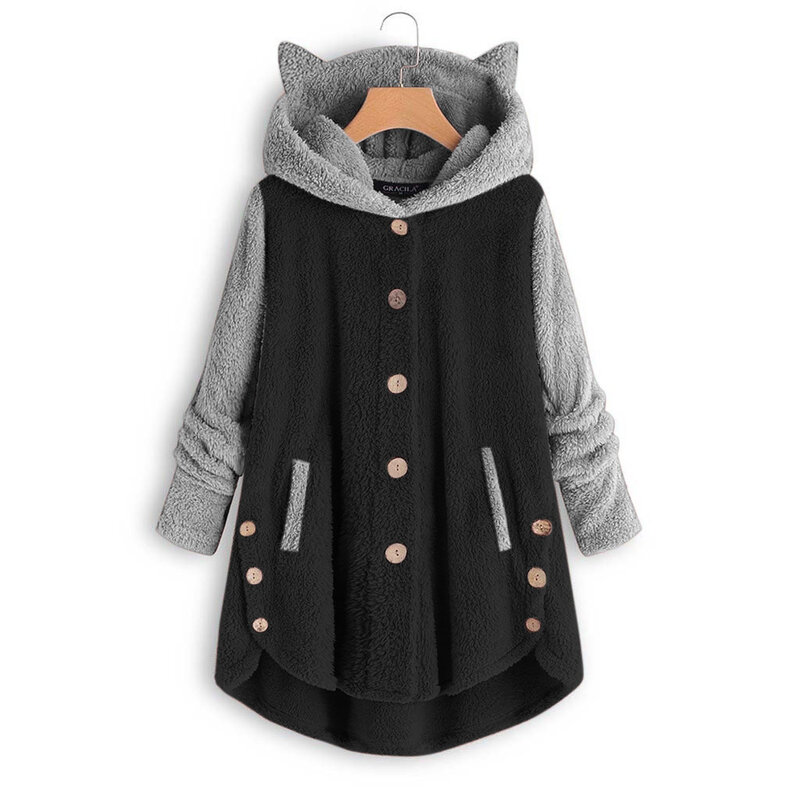 Новинка 2021, Женское пальто для осени и зимы, плюшевое пальто на пуговицах с капюшоном и кошачьими ушками, необычный модный свитер ярких цвет...