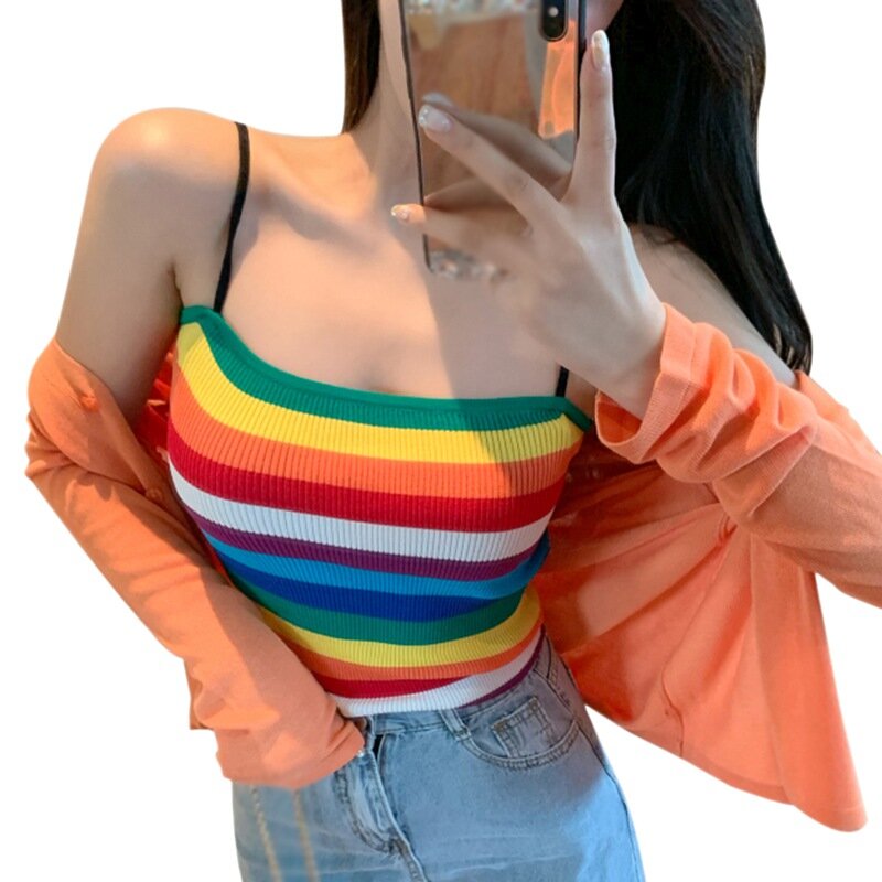 Camisetas sin mangas sexys para mujer, camisetas a rayas de arcoíris, camiseta sin mangas para mujer, ropa de calle de estilo coreano para mujer 2021