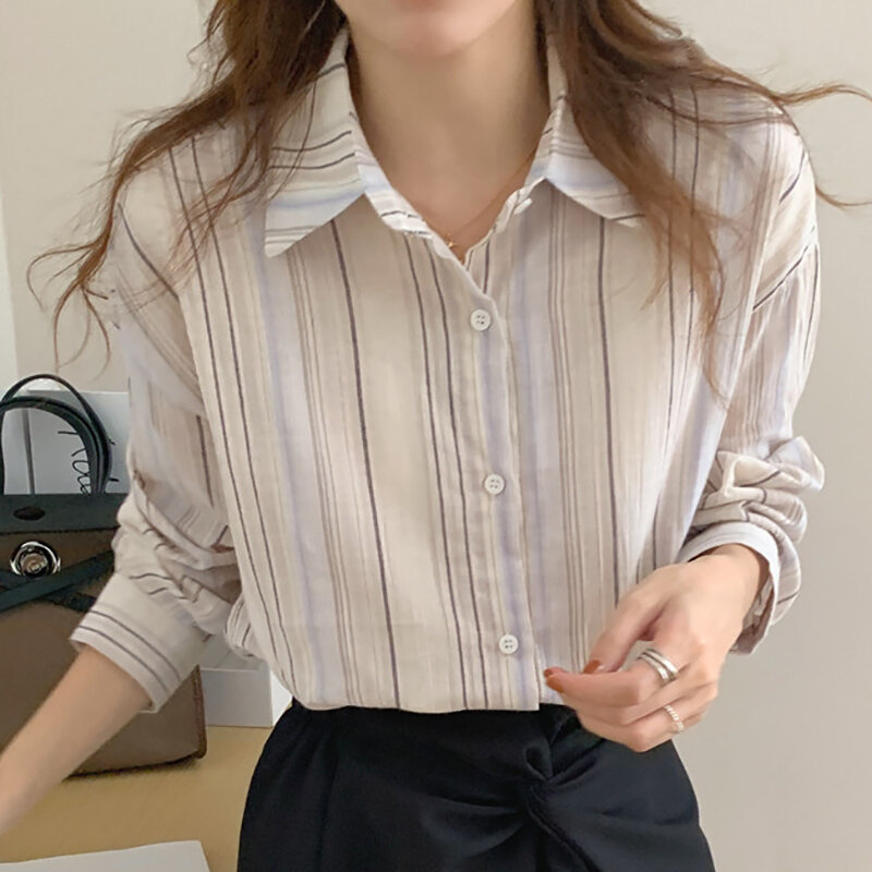 Блузка женская хлопковая в винтажную полоску, Повседневная Свободная рубашка в Корейском стиле, на пуговицах, с длинным рукавом, осень