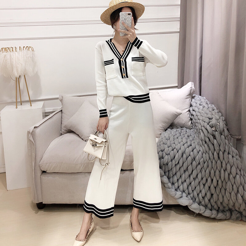 Knitted Women 2 Pieces Pant Sets 2019 Autumn Winter Button V-Neck Striped Pullover Sweater and Ankle-Length Wide Leg Pant Suits