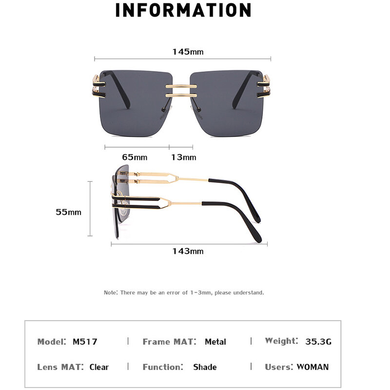 Overmaten Vierkante Rimeless Zonnebril Vrouw Luxe Merk Metalen Grote Frame Mannen 2021 Mode Frameloze Zonnebril Voor Vrouwen Oculos