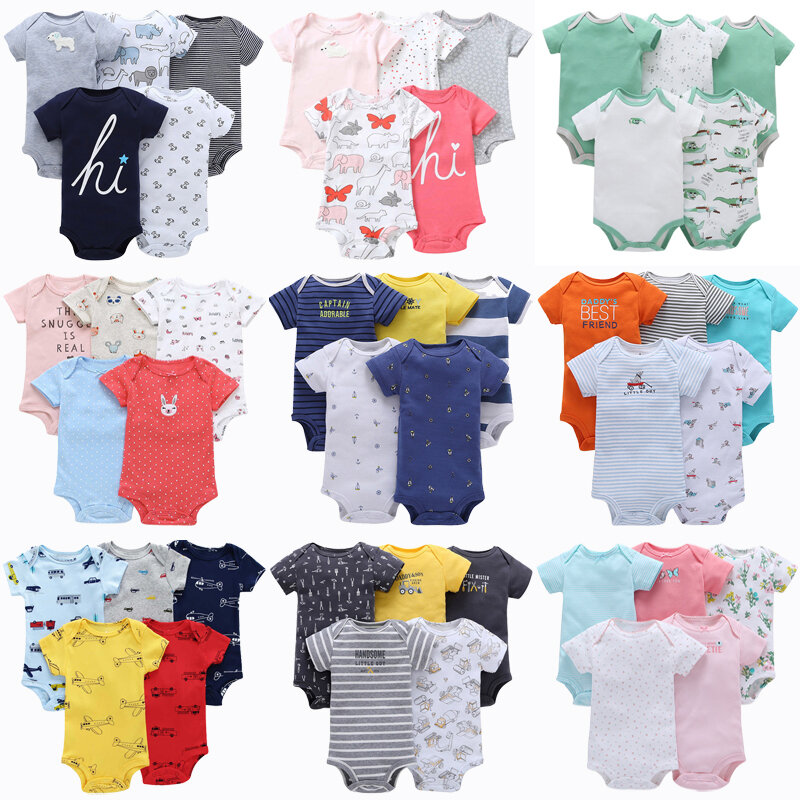 Macacão de bebê 5 peças, 100% algodão lêant corpo manga curta roupas bebê menino menina roupas de bebê body estampa de desenhos animados