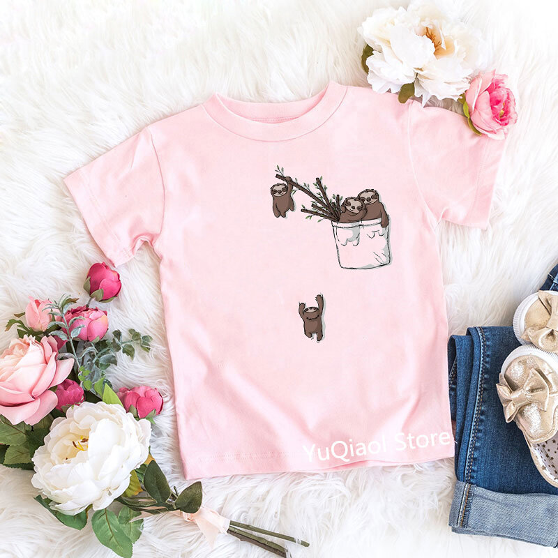 Camiseta con estampado de perezoso en un flamenco para niños, ropa de verano para niñas pequeñas, camiseta rosa, ropa para niños 3-13