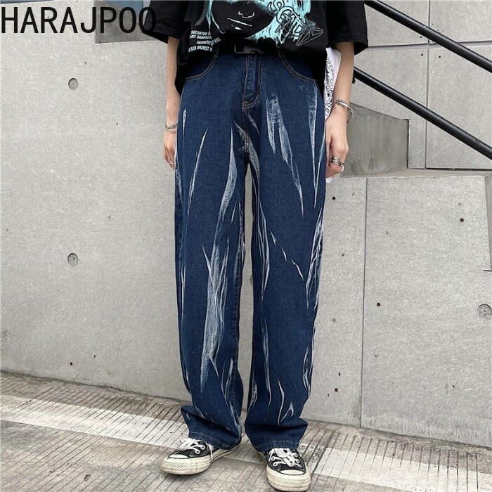 Harajpoo para spodnie 2021 wiosna jesień koreański INS modnej ulicy Hip-styl hiphopowy szerokie nogawki proste Color Block luźne dżinsy