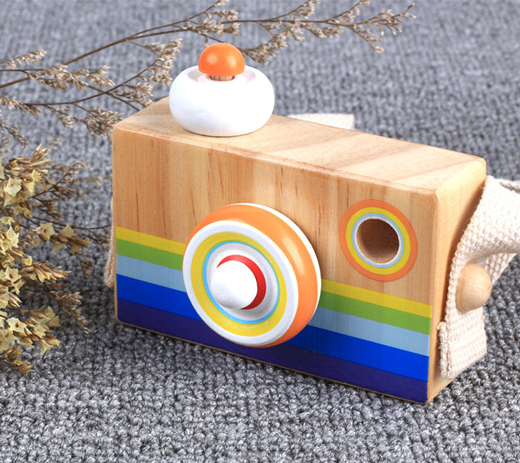 Cámara de juguete con caleidoscopio de dibujos animados para niños juguete de madera fotografía decoración de habitación de cumpleaños y Navidad regalo para jugar cámara de madera 
