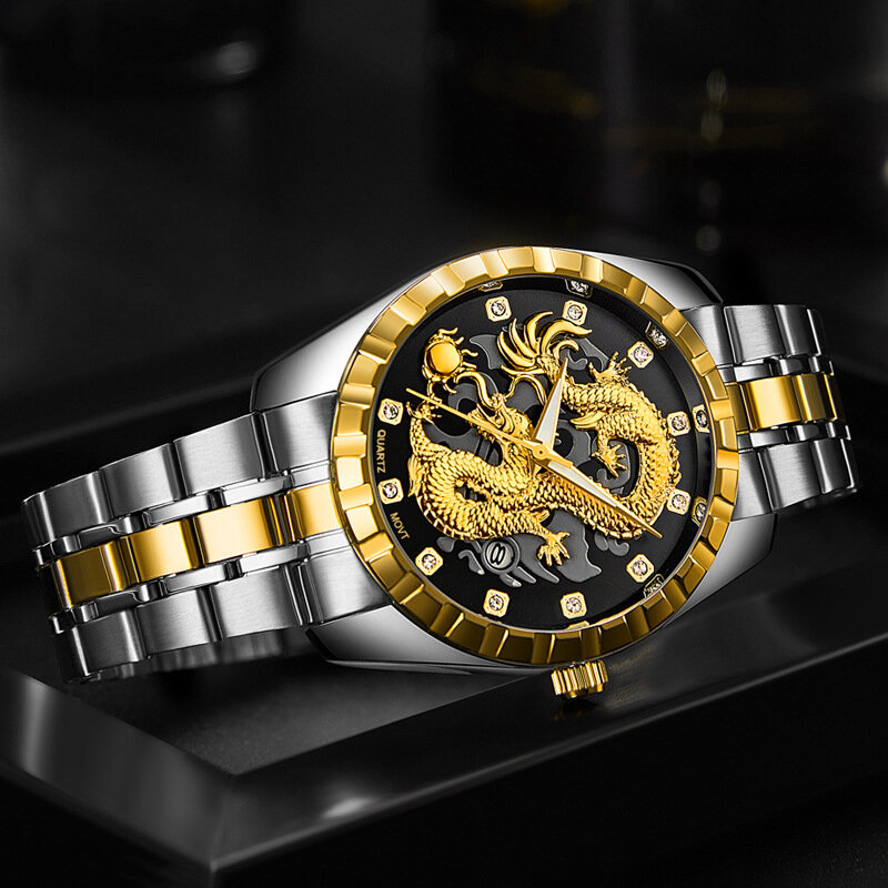 Reloj de cuarzo con diseño de dragón dorado para hombre, cronógrafo con correa de acero a la moda, resistente al agua hasta 30M, nuevo, 2021