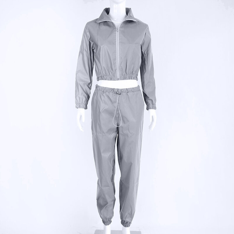 2021 moda 2 peça conjunto de fatos de treino feminino jaqueta reflexiva e calças compridas senhoras solto zíper brilho sweatsuit conjuntos