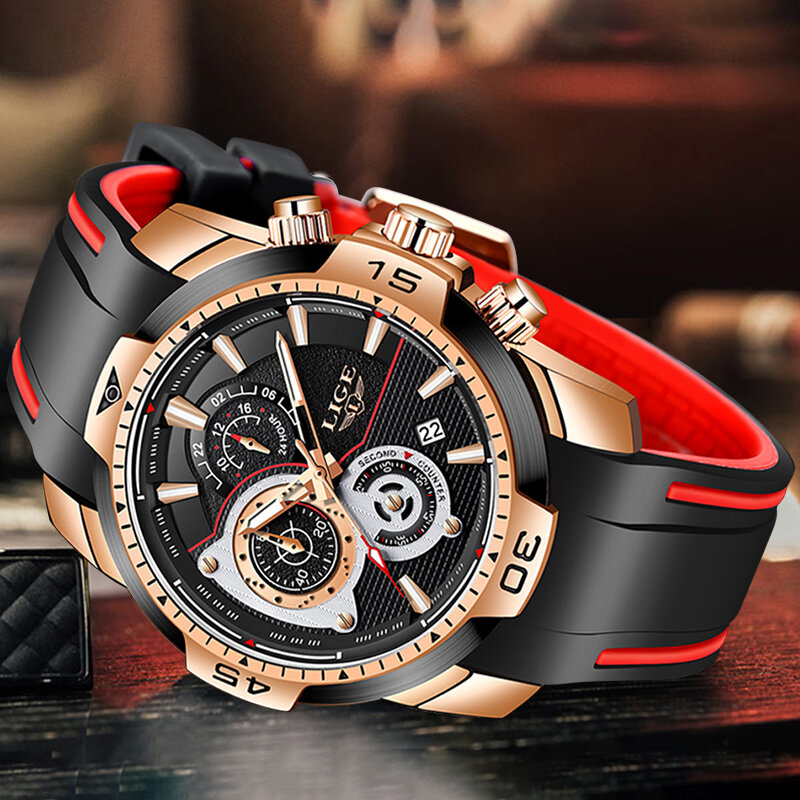 LIGE – montre pour hommes, bracelet en Silicone, marque de luxe, Sport, chronographe, militaire, étanche, + boîte