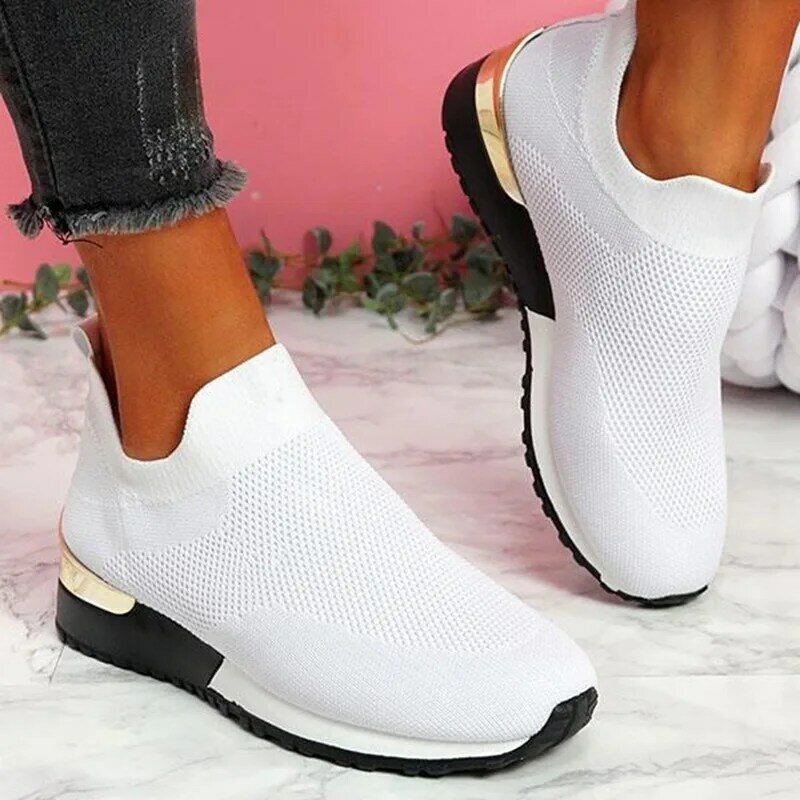 Vulcanize sapatos tênis mulher sapatos de cor sólida tênis para senhoras femininas deslizamento em malha esporte sapatos casuais de malha para mulher