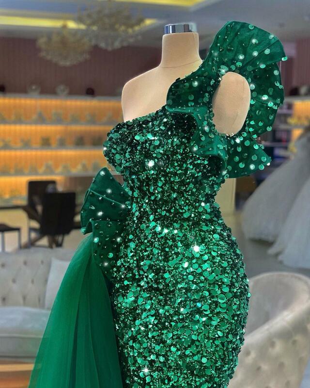 Dark สีเขียว Mermaid Evening Dresses One Shoulder Luxury Sequins กำมะหยี่ชั้นความยาวชุดพรหมประกวดชุดที่กำหนดเอง