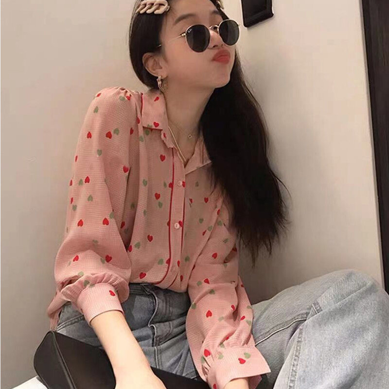 Chemises à simple boutonnage pour femmes, imprimé mignon, style coréen, élégant, manches bouffantes, doux, Version française