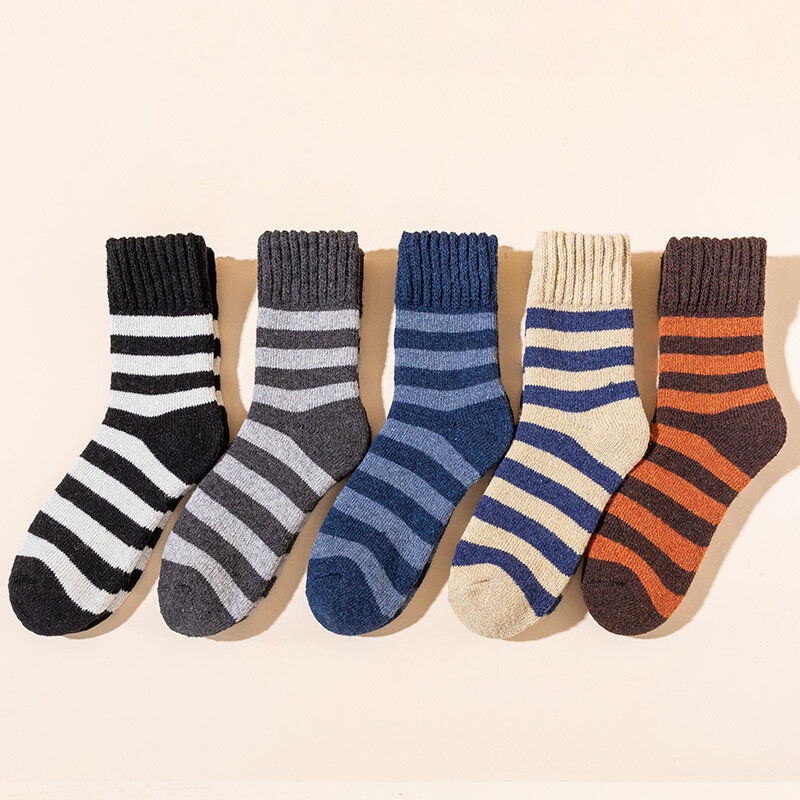 5pairs/Men's Socks Super Thick Winter Warm Wool Socks To Resist Cold Striped Terry Warm Socks Super Thick Medium Tube Wool Socks