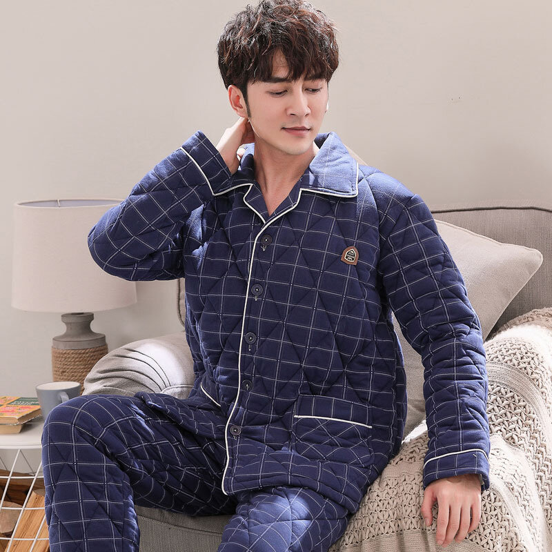 Winter knitted cotton padded men's pajamas Lapel cotton padded jacket home clothes warm and cold resistant men's pajamas cotton