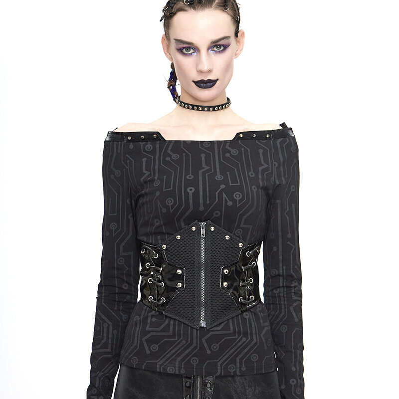 Gli accessori da ballo a catena con cintura nera gotica mostrano una sottile cintura con corsetto Punk
