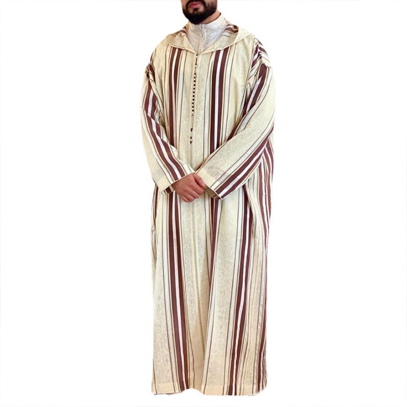 Moda masculina estilo étnico camisa ramadan vestido robe marroquino listrado longo thobe l41b