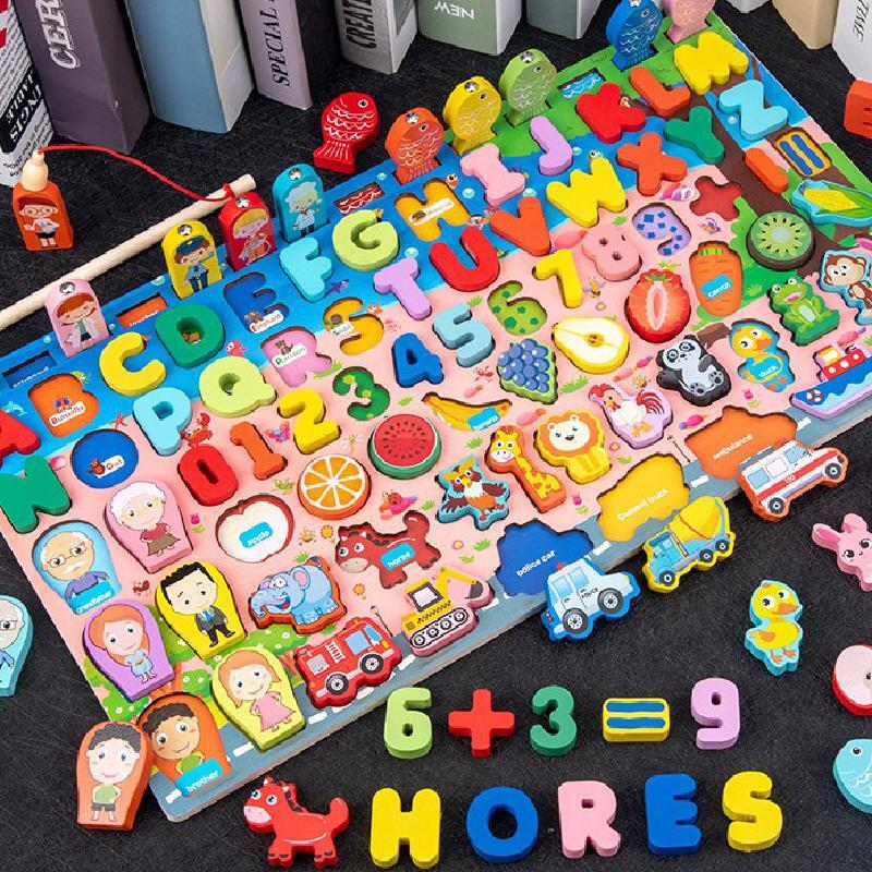 Drewniane popety zabawki owoce alfabet cyfrowy ruch zwierząt rysunek Puzzle do układania przedszkole zajęty pokładzie edukacyjne dla dzieci zabawki
