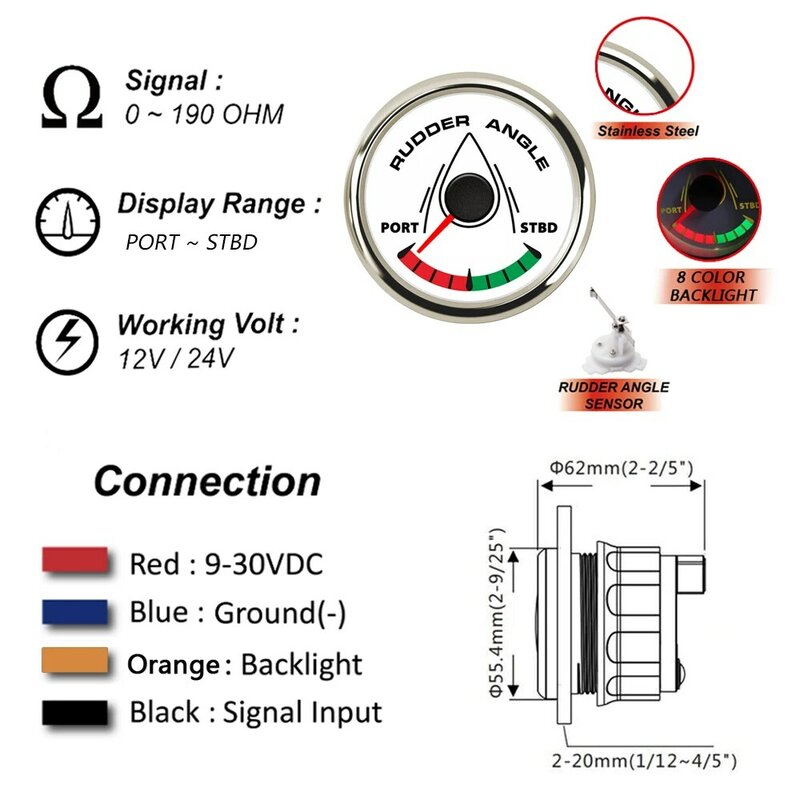 Indicador de ángulo de timón marino, 52mm, 0-190 ohm, con Sensor de ángulo de timón, retroiluminación de 8 colores, 12V/24V