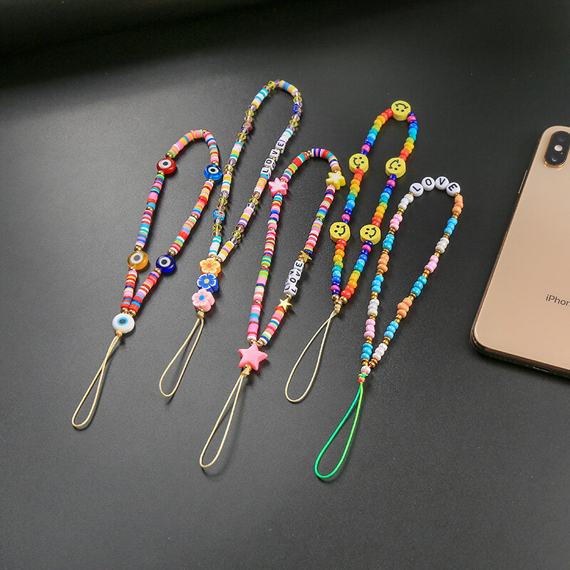MOPAI Multicolor Mobile Phone Strap Lanyard Smile Face Disk Beads Pearl Rope Cellphone Chains For Women 2021 Fashion Accessories
