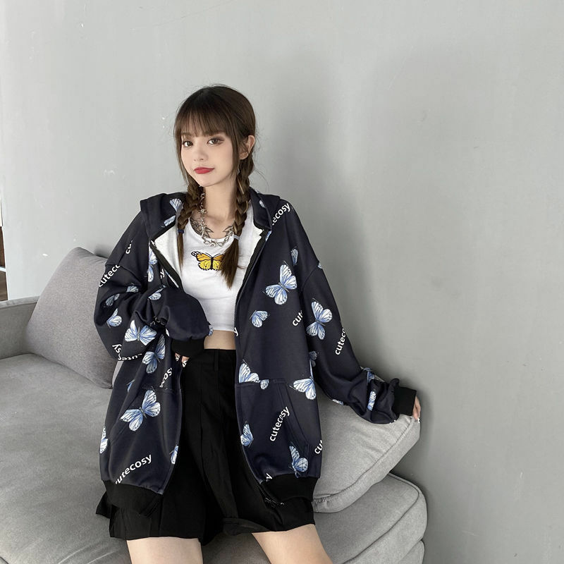 Sudadera con capucha de mariposa para mujer, ropa de calle Harajuku con cremallera, de talla grande, primavera 2021