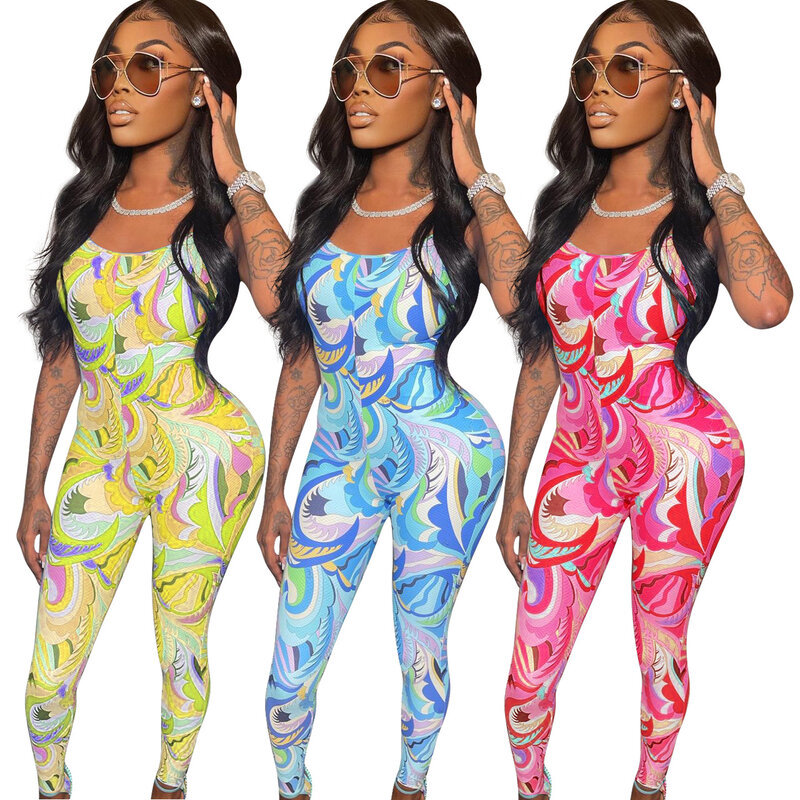2021 Fashion Print Jumpsuit Summer Casual Overalls Bodysuit Women Sleeveless Spaghetti backless Bodycon Romper Playsuit