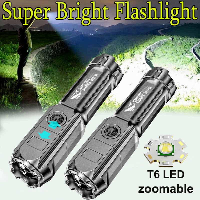LED  Flashlight Powerful Bright  USB Rechargeable T6 Tactical Torch for Camping Hiking Fishing Portable Home Built-in Battery