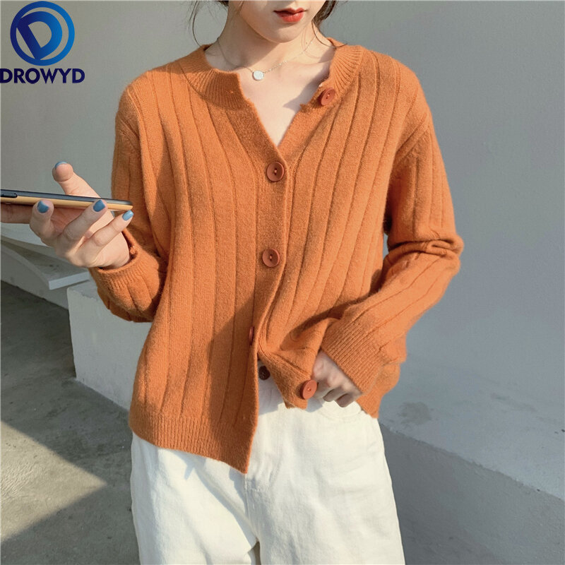 2021 Winter New Retro Style Sweater Loose Long Pit Striped Cardigan Jacket Jacket Women Short Single-breasted Solid Color Jacket