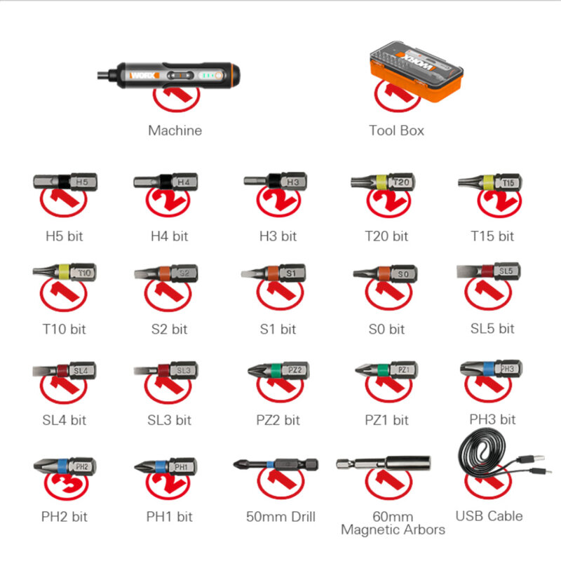 Worx 무선 전기 스크루 드라이버 세트, USB 충전기, 충전식 핸들, 26 비트 세트 드릴, 4V 미니, WX240