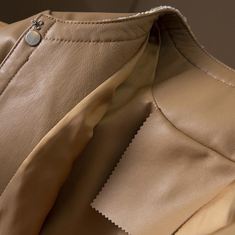 Casaco de mulher legítimo couro 100%, jaqueta curta com pérolas gola redonda