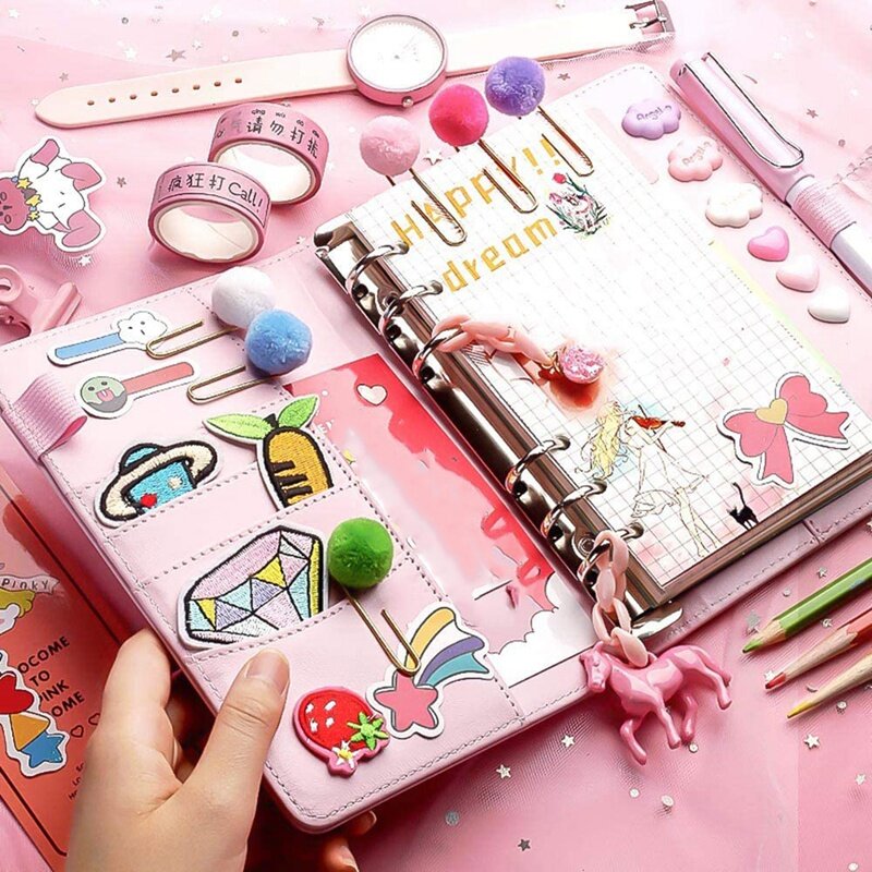 Encadernador a6 planejador de notebook rosa e 12 peças, adesivo de 6 buracos, pasta com zíper, bolsos de fichário, carteira de envelope de dinheiro