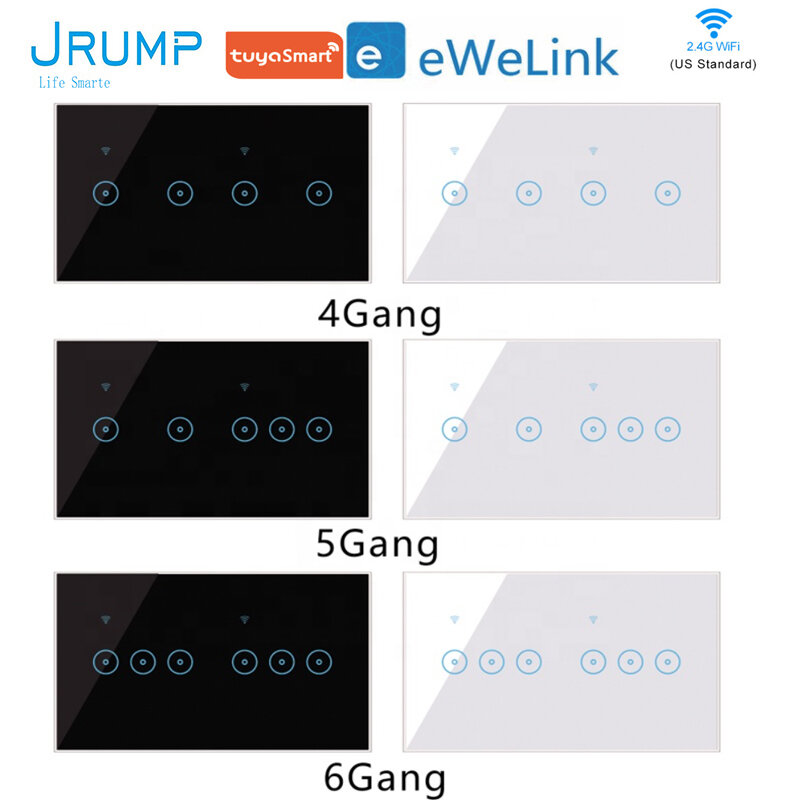 JRUMP-4 구 5 구 6 구 와이파이 스마트 터치 스위치, 음성 제어 스위치 지능형 벽 스위치 Alexa Echo Google 홈과 함께 작동