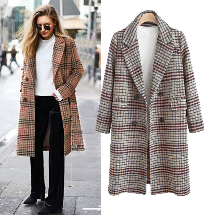 Женское шерстяное пальто, свободное клетчатое пальто средней длины в британском стиле, Осень-зима 2020