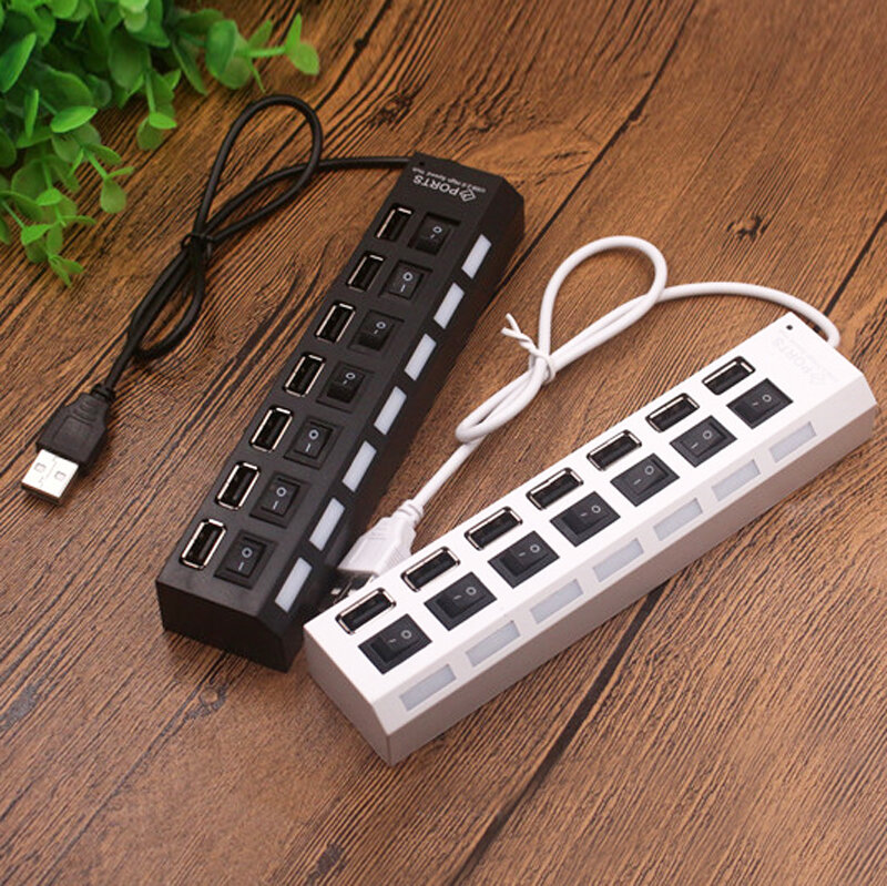 Hermecury Universal USB Hub 7 Port USB 2.0 With Independent Switch Control Splitter Cable Adapter For Laptop PC Mouse Gamebpad