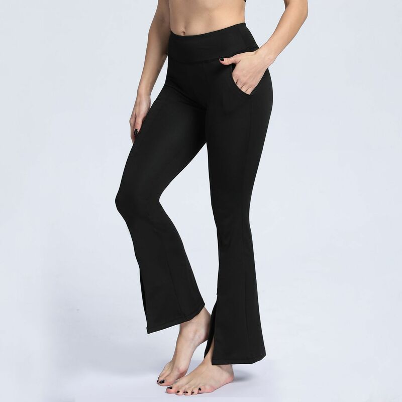 Celana Yoga Hitam untuk Wanita Saku Tanduk Belah Celana Kaki Lebar Pinggang Tinggi Ramping Olahraga Santai Menari Kebugaran Celana Wanita