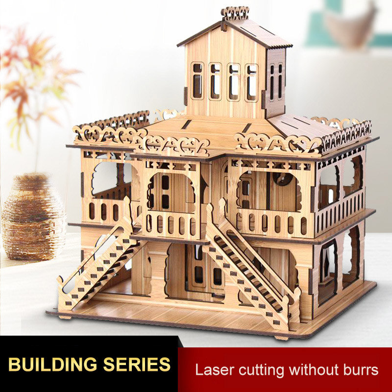 Puzzle 3D en bois pour enfants, boîte à musique, architecture, bricolage, maison, villa, garçons, filles, en papier
