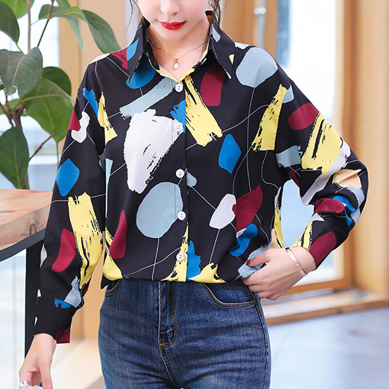Blusa solta estampa vintage feminina, camisa de manga comprida gola v moderna casual primavera e outono 2021