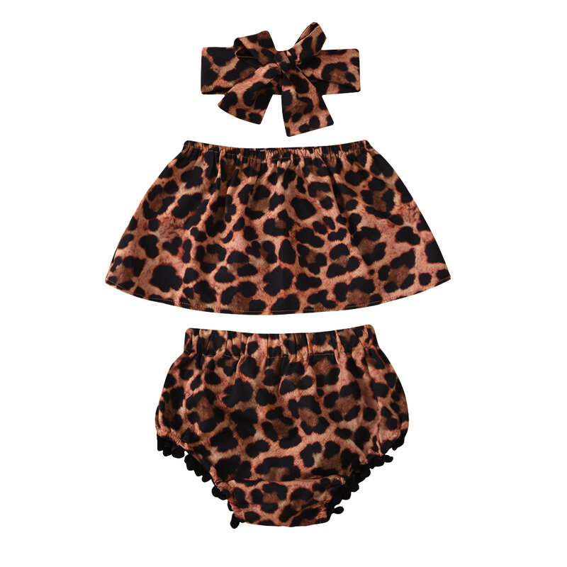 2020 verão da criança meninas outfits sem mangas leopardo impressão barco colarinho tubo topos + shorts + bandana conjunto 0-24m roupas do bebê