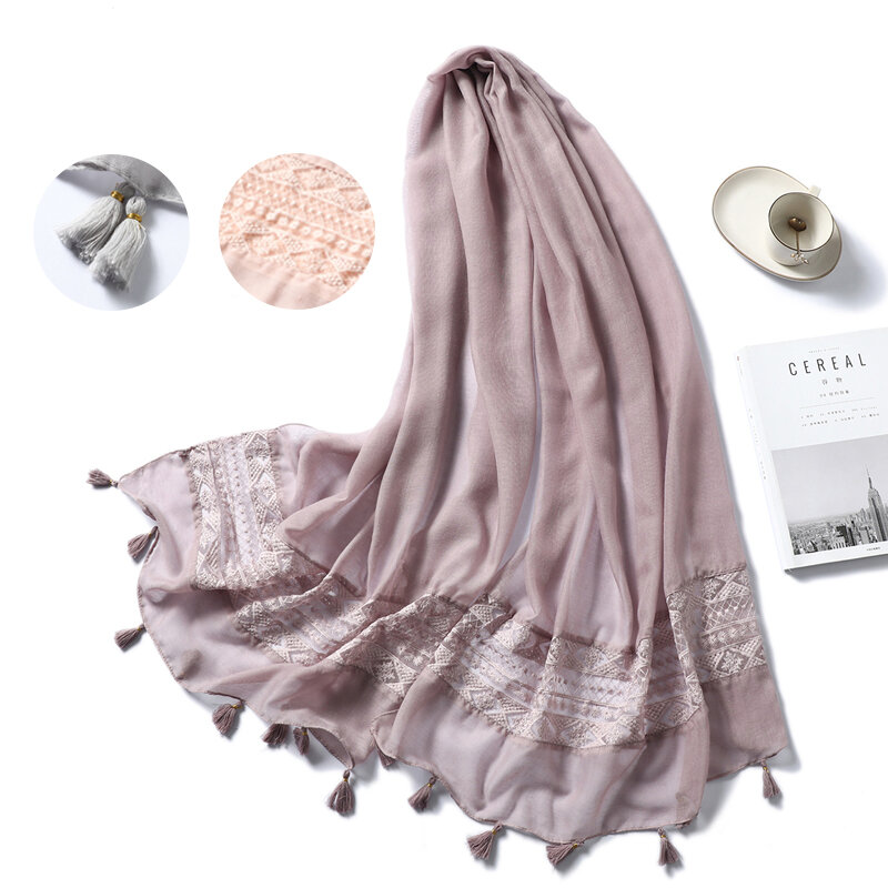 Foulard Hijab en coton ajouré pour femmes, châle enveloppant des glands doux, Pashmina musulman, bandeau Turban