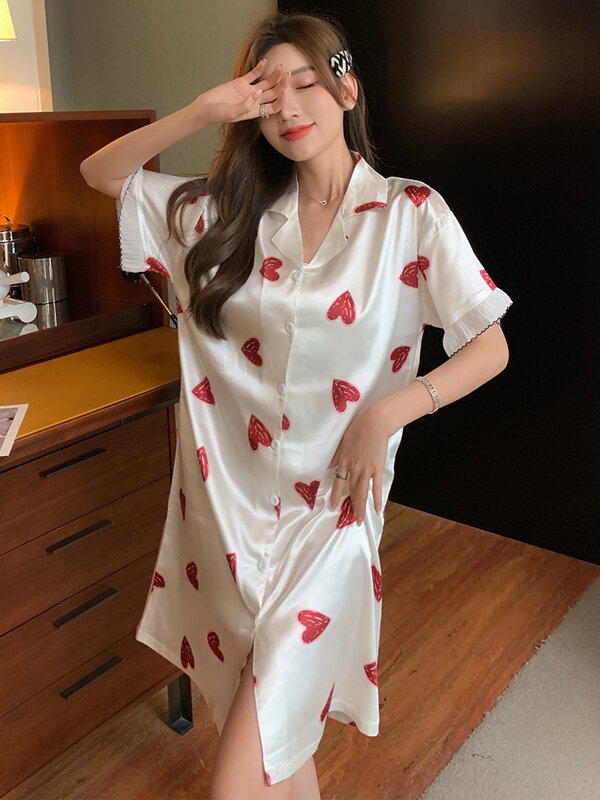 Пижама женская летняя тонкая ночная рубашка с коротким рукавом Новинка 2021 Женская шелковая Домашняя одежда с милым персиковым сердцем