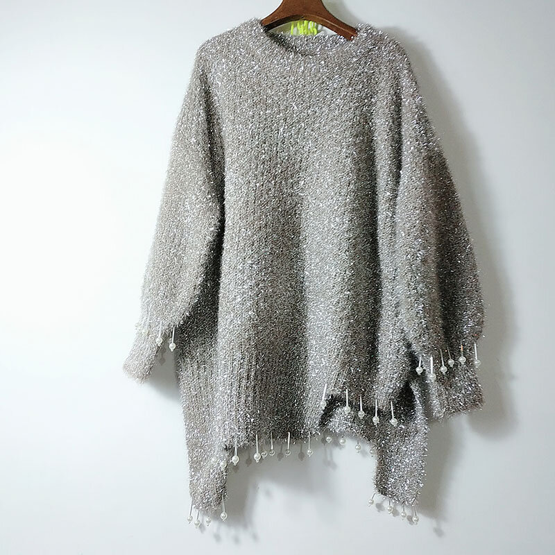 Suéter informal salvaje suelto con cuentas de seda, nuevo brillante, moda