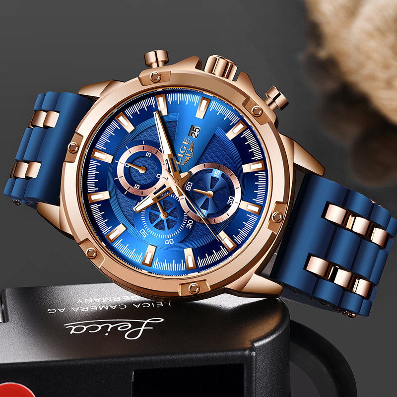 Reloj deportivo LIGE resistente al agua para hombre, relojes de pulsera de cuarzo para hombre, reloj de pulsera de silicona de lujo para hombre