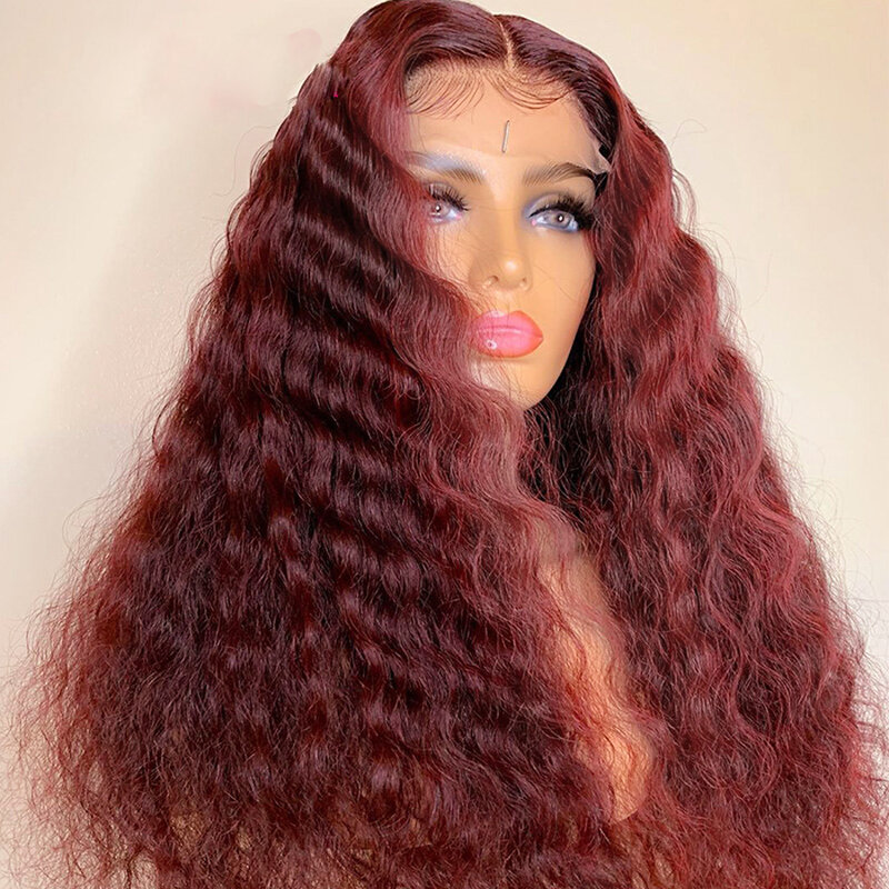 13X4 Wig Rambut Manusia India Remy Depan Renda dengan Rambut Bayi Sorot Warna Merah Burgundy Wig Gelombang Longgar untuk Wanita