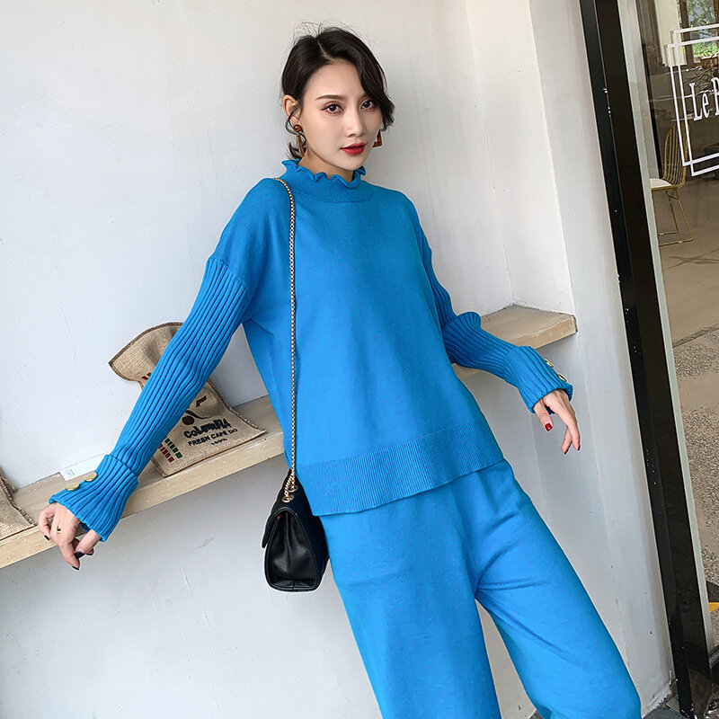 Autumn and Winter Women's Knitted Sweater Pants Two-piece 2021 New Loose Blue Ladies Sweater High Quality Elegant Wide-leg Pants