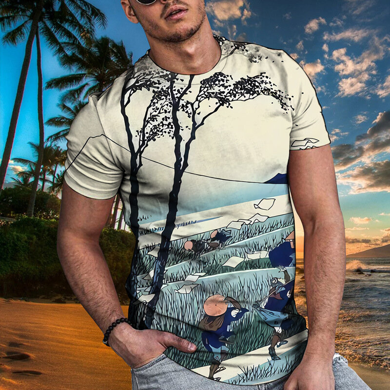 2021 verão masculino em torno do pescoço 3d impressão paisagem da árvore sob o pôr do sol moda de manga curta camiseta