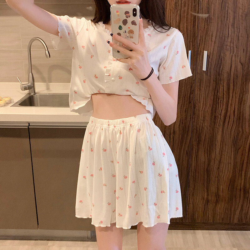 Broken Flower Pajamas Women's Summer Thin Ice Silk Two-piece Set 2021 New Lovely Sweet Home Clothes Set