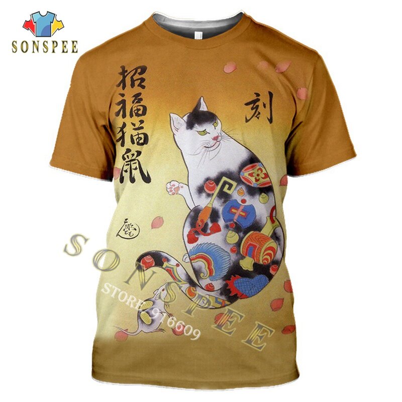 3D Printing Japanese Samurai Cat Tattoo T-shirt Men's Cool Classic Art Women's Casual Summer T-shirt Round Neck Short Sleeve